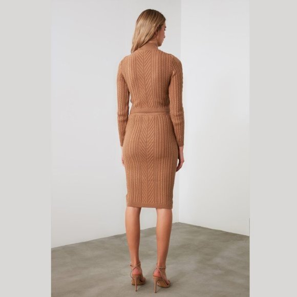 2 Piece Tan Knitwear Crew Neck Sweater Skirt Set - Picture 3 of 11
